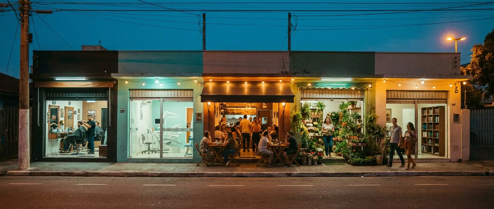 Rua com pequenos negócios acesos e movimentados no fim de tarde