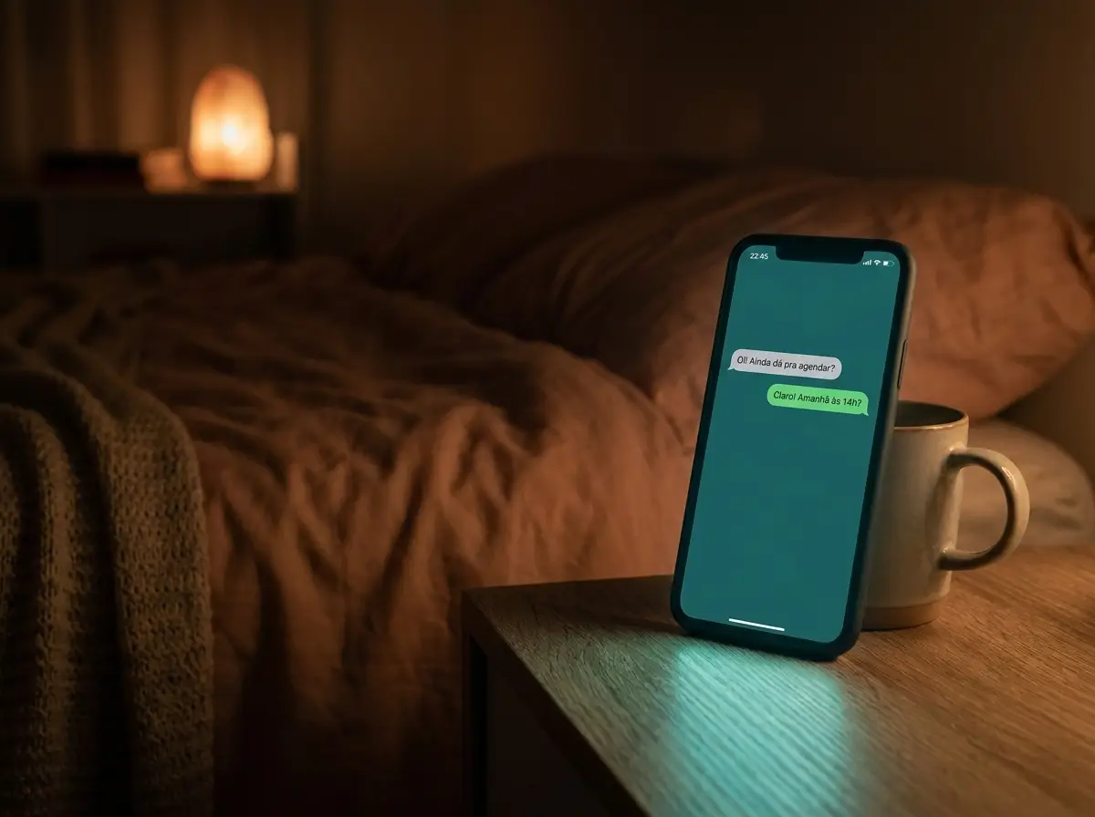 Celular na mesa de cabeceira respondendo um cliente sozinho durante a noite