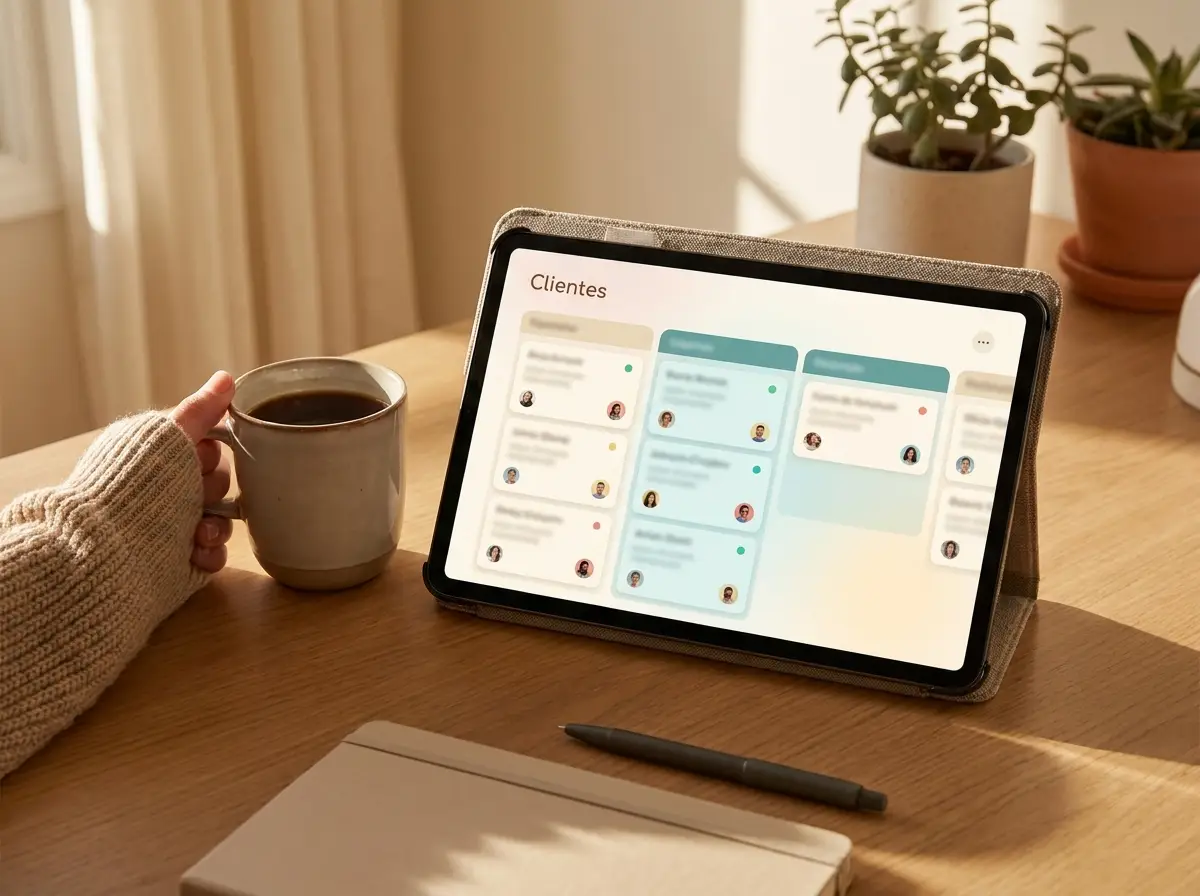 Tablet com painel organizado de clientes numa mesa arrumada